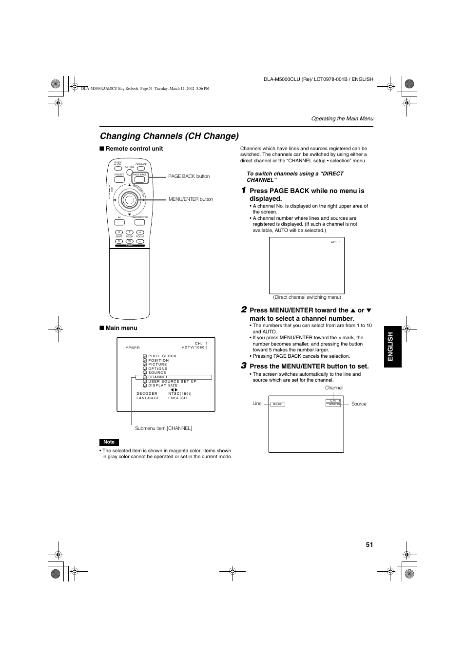 Changing channels (ch change), Engli s h deutsh fran ç ais italiano espa ñ ol, Press page back while no menu is displayed | Press the menu/enter button to set | JVC DLA-M5000LU User Manual | Page 51 / 68