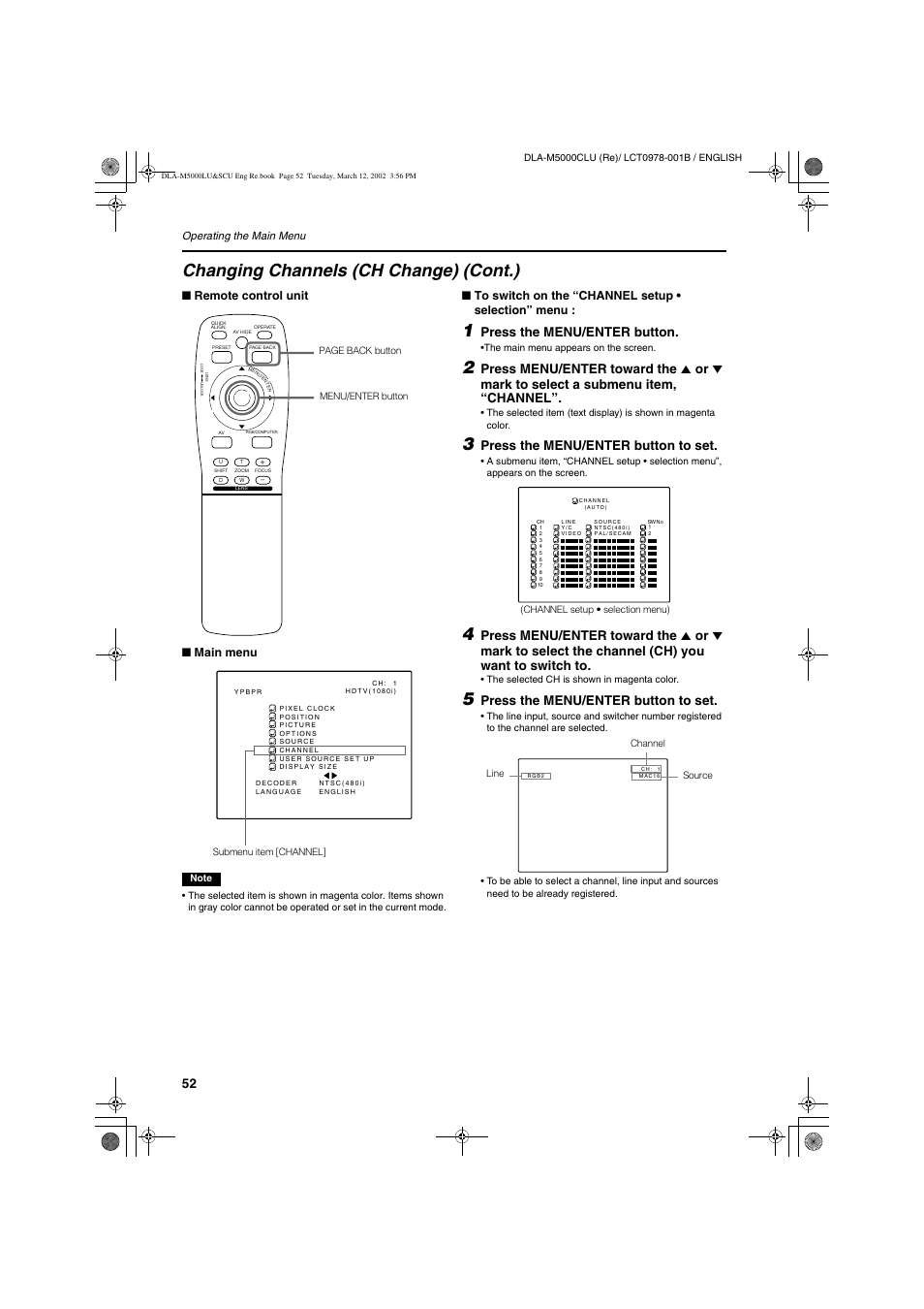 Changing channels (ch change) (cont.), Press the menu/enter button, Press the menu/enter button to set | Remote control unit ■ main menu | JVC DLA-M5000LU User Manual | Page 52 / 68