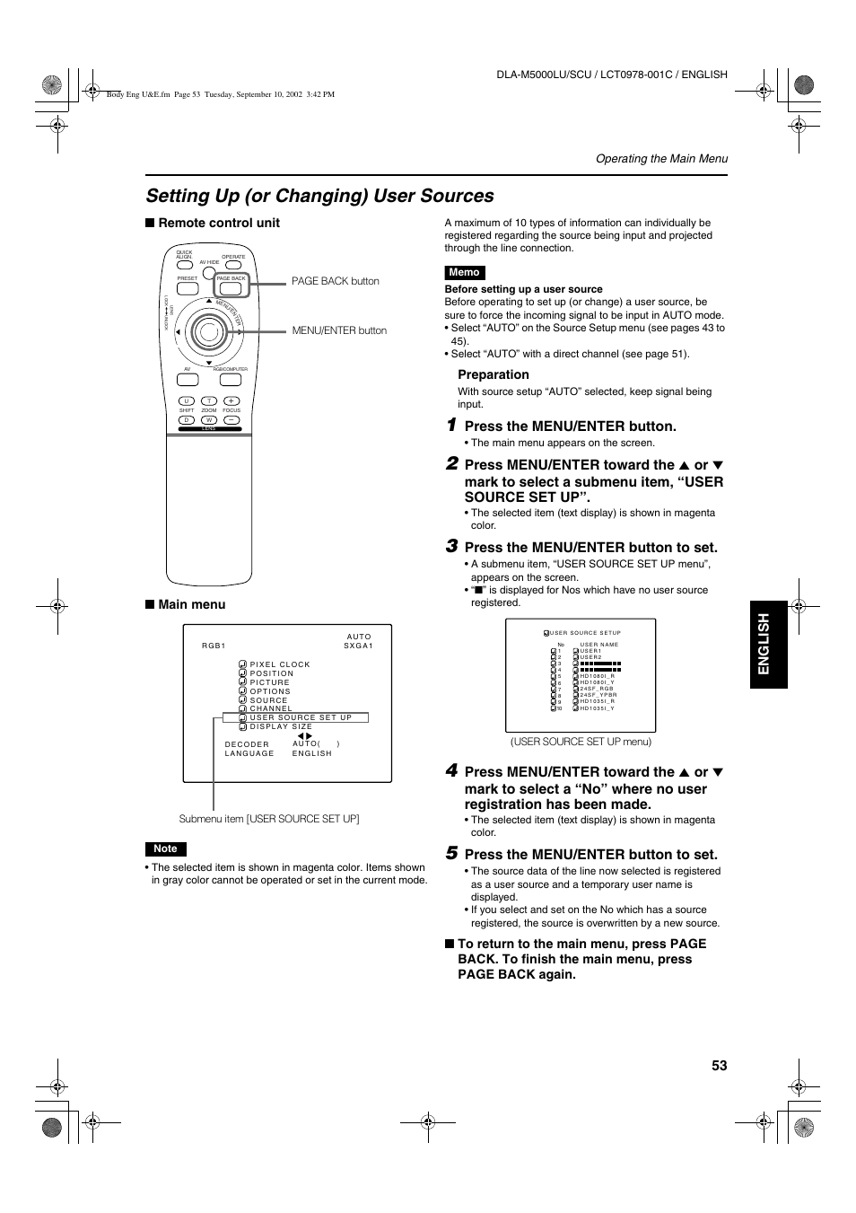 Setting up (or changing) user sources, Engli s h deutsh français italiano español, Press the menu/enter button | Press the menu/enter button to set | JVC DLA-M5000LU User Manual | Page 53 / 68
