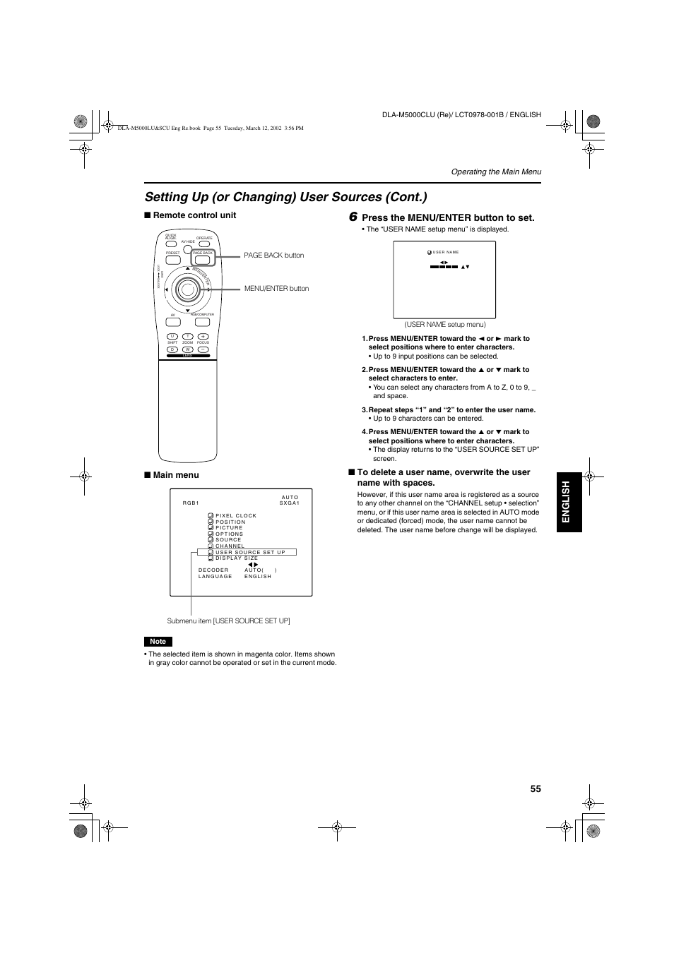 Setting up (or changing) user sources (cont.), Engli s h deutsh fran ç ais italiano espa ñ ol, Press the menu/enter button to set | Remote control unit ■ main menu | JVC DLA-M5000LU User Manual | Page 55 / 68