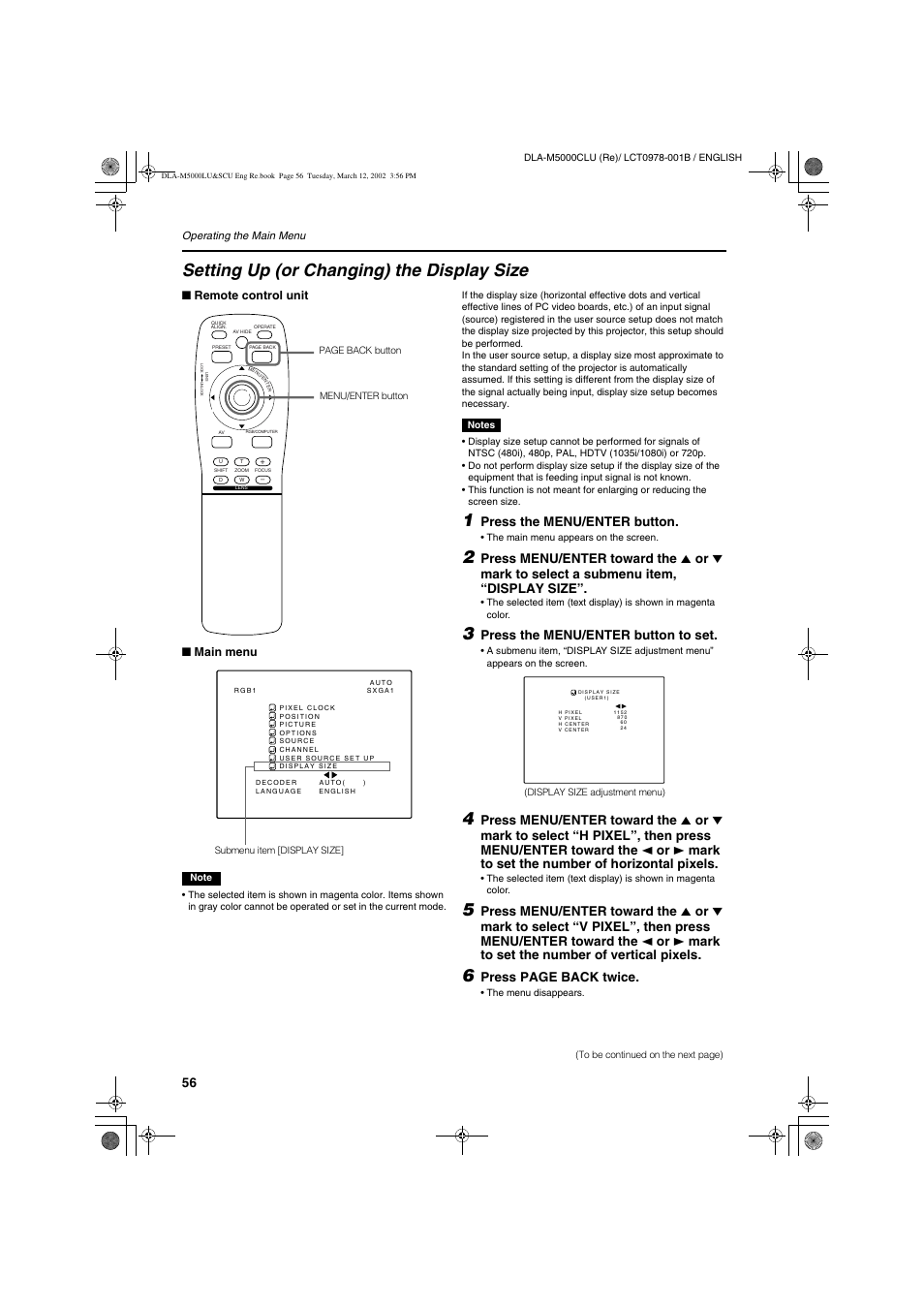 Setting up (or changing) the display size, Press the menu/enter button, Press the menu/enter button to set | Press page back twice | JVC DLA-M5000LU User Manual | Page 56 / 68