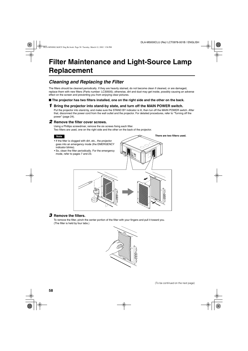 Cleaning and replacing the filter | JVC DLA-M5000LU User Manual | Page 58 / 68