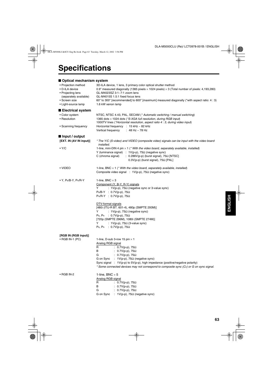 Specifications | JVC DLA-M5000LU User Manual | Page 63 / 68