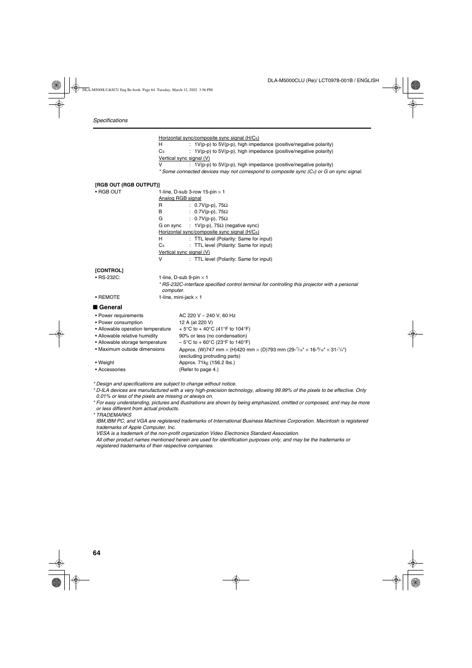 JVC DLA-M5000LU User Manual | Page 64 / 68