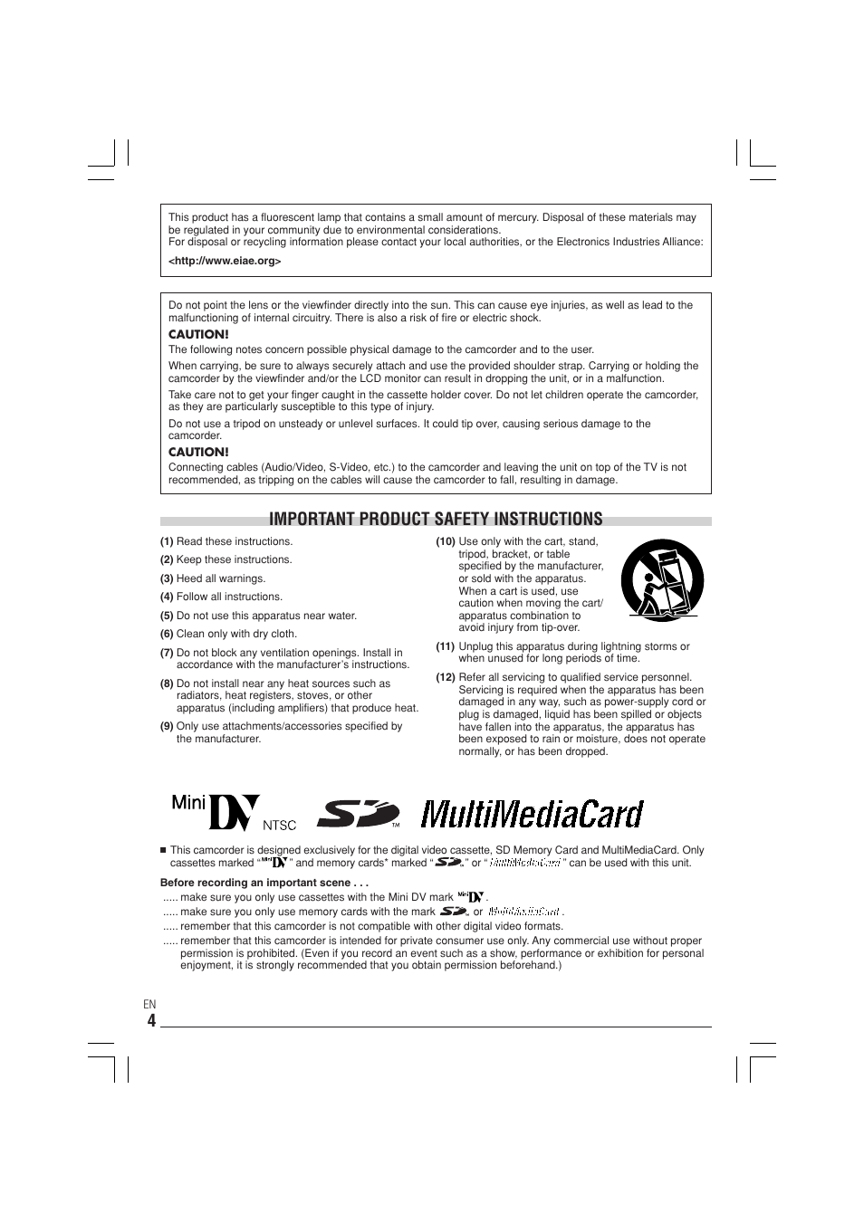 Important product safety instructions | JVC GR-DX300  EN User Manual | Page 4 / 60
