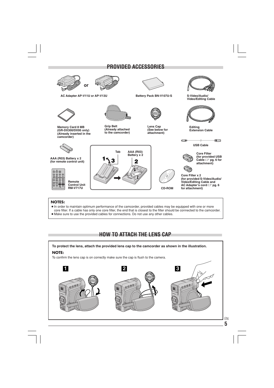 Provided accessories, How to attach the lens cap | JVC GR-DX300  EN User Manual | Page 5 / 60