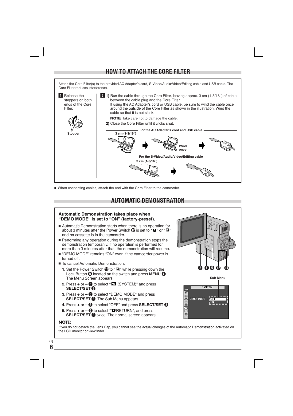 Automatic demonstration, How to attach the core filter | JVC GR-DX300  EN User Manual | Page 6 / 60