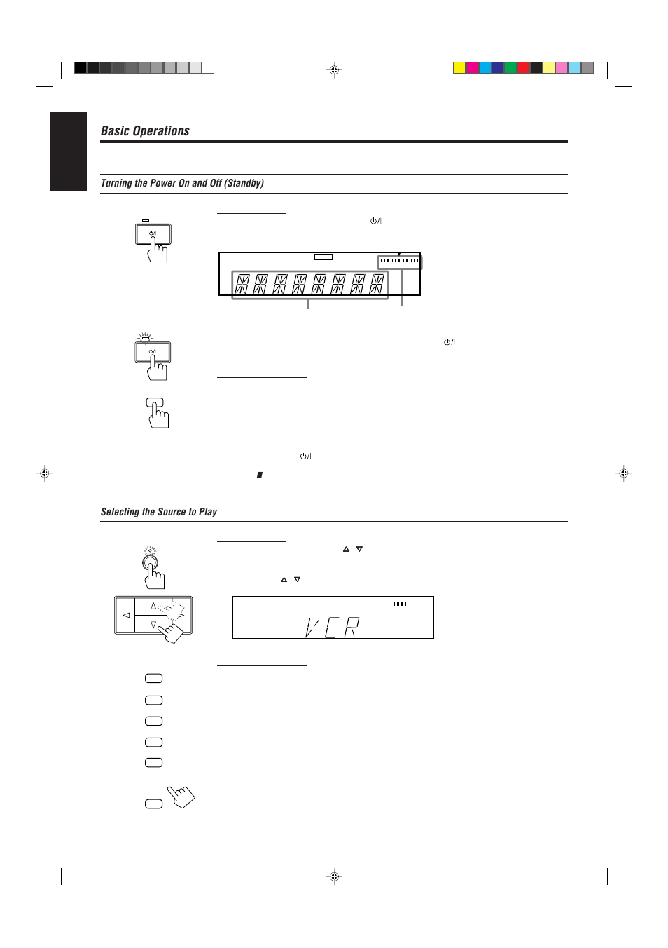 Basic operations, English, Turning the power on and off (standby) | Selecting the source to play | JVC AX-V55BK User Manual | Page 10 / 30