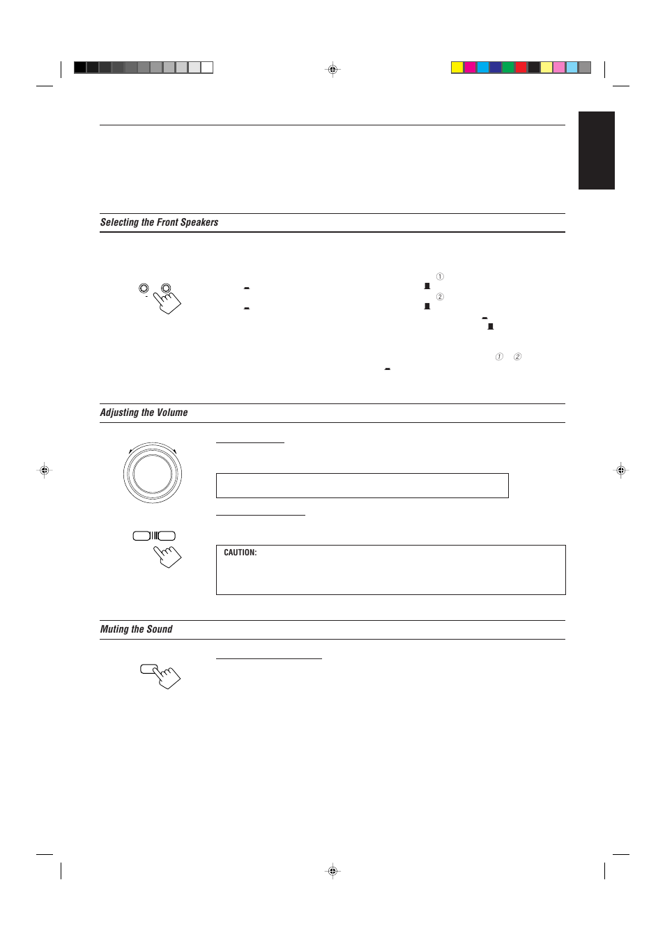 English, Selecting the front speakers, Adjusting the volume | Muting the sound | JVC AX-V55BK User Manual | Page 11 / 30