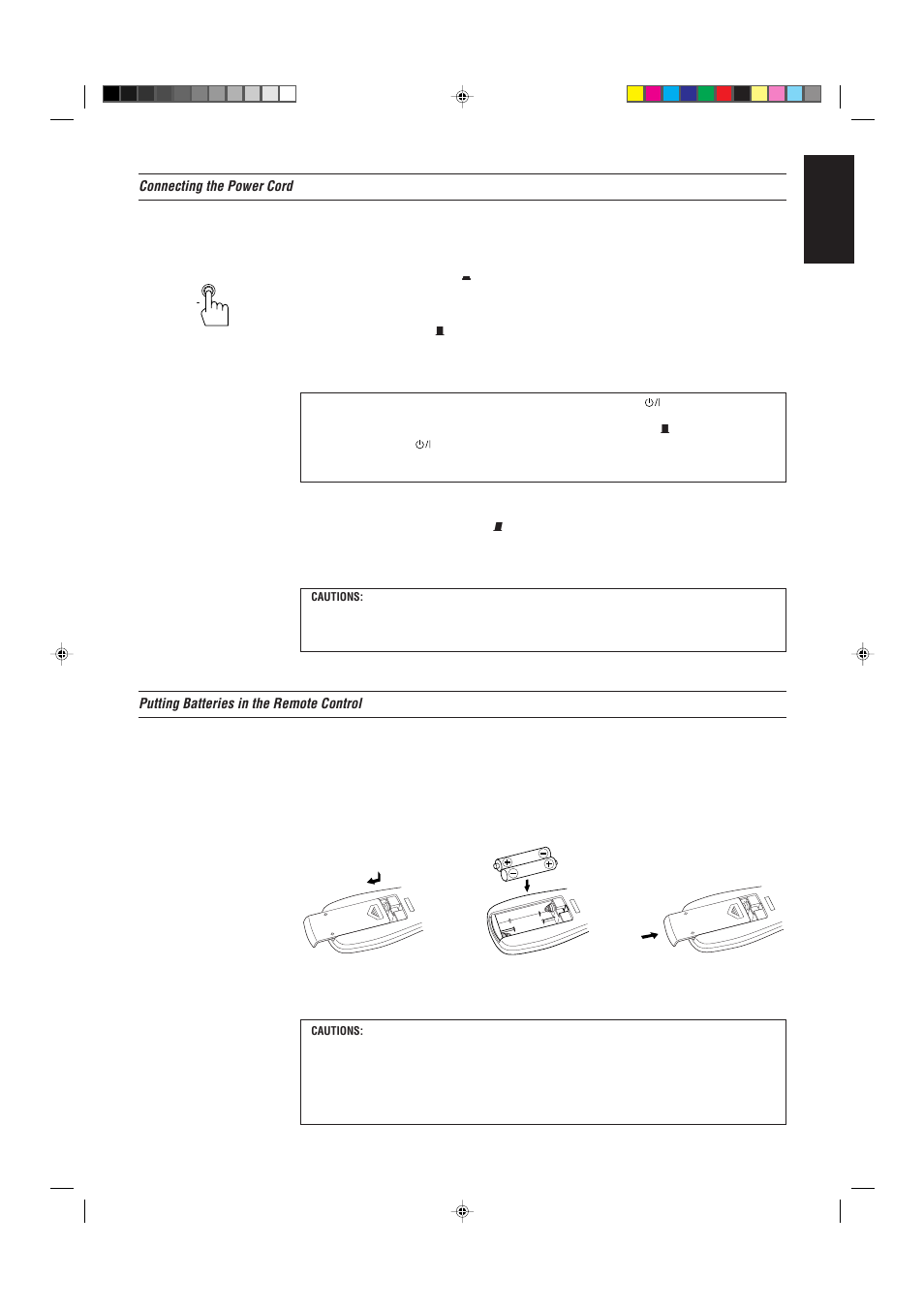 English, Connecting the power cord, Putting batteries in the remote control | JVC AX-V55BK User Manual | Page 9 / 30