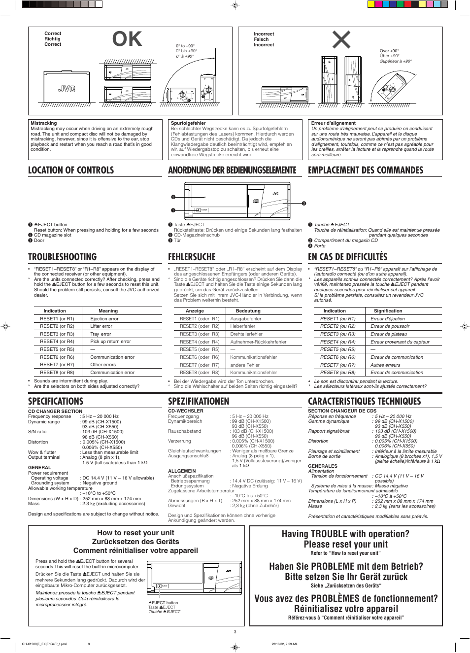 Fehlersuche, Specifications, Spezifikationen caracteristiques techniques | En cas de difficultés, Anordnung der bedienungselemente | JVC CH-X550 User Manual | Page 3 / 6