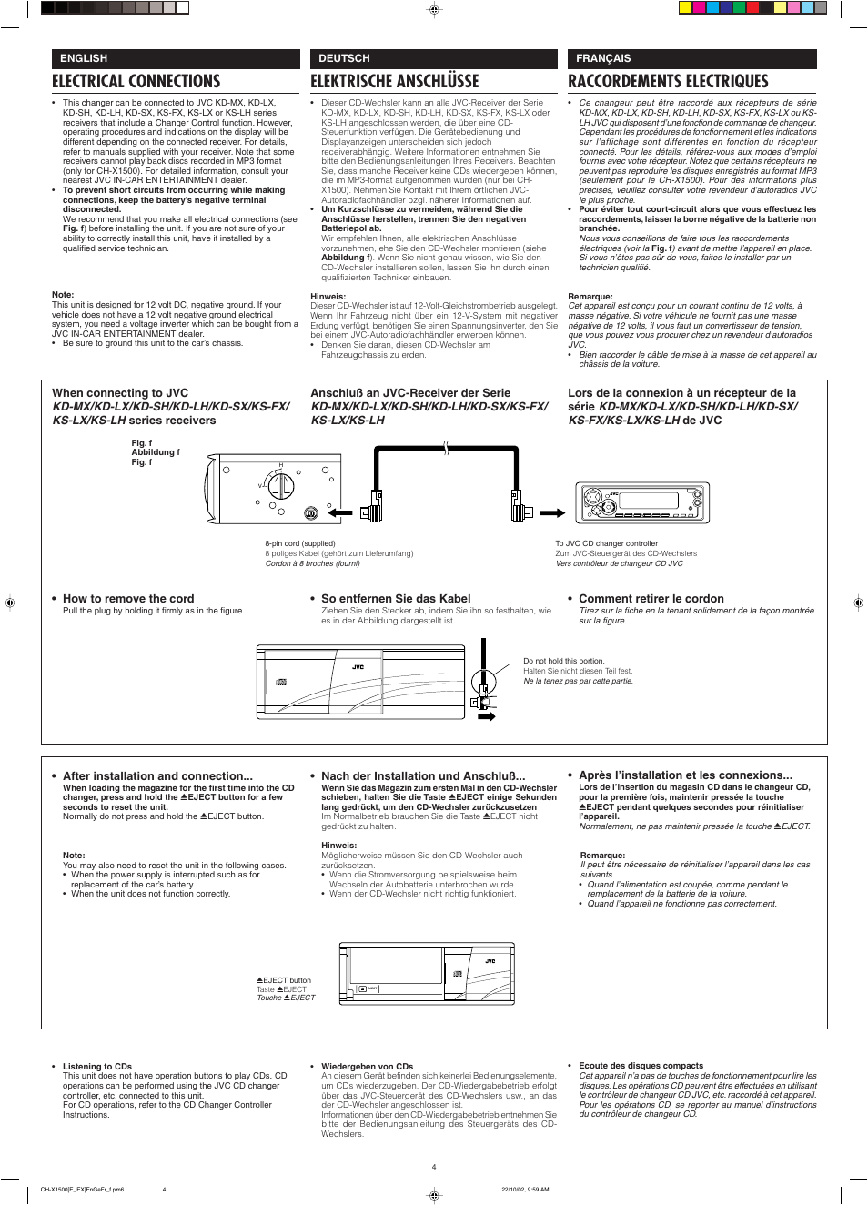 Electrical connections, Raccordements electriques, Elektrische anschlüsse | JVC CH-X550 User Manual | Page 4 / 6