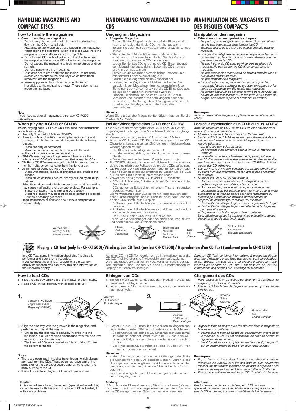 Handling magazines and compact discs, Handhabung von magazinen und cds, Manipulation des magasins et des disques compacts | JVC CH-X550 User Manual | Page 5 / 6
