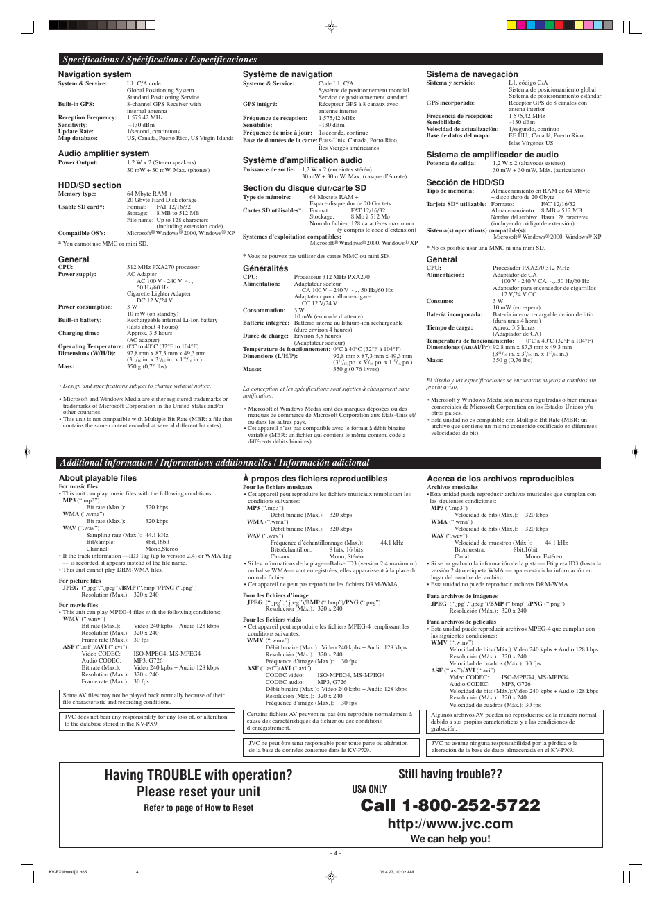 Specifications, Additional information, Still having trouble | Usa only, We can help you, Specifications / spécifications / especificaciones, Refer to page of how to reset | JVC EXAD eAvinu KV-PX9SN User Manual | Page 10 / 12