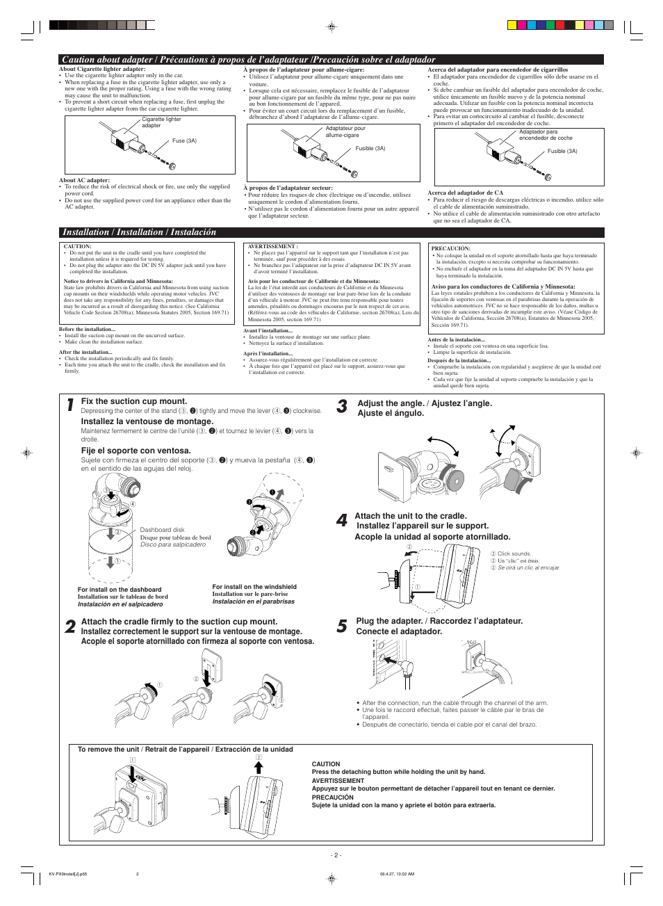 Caution about adapter, Installation, Installation / installation / instalación | JVC EXAD eAvinu KV-PX9SN User Manual | Page 8 / 12