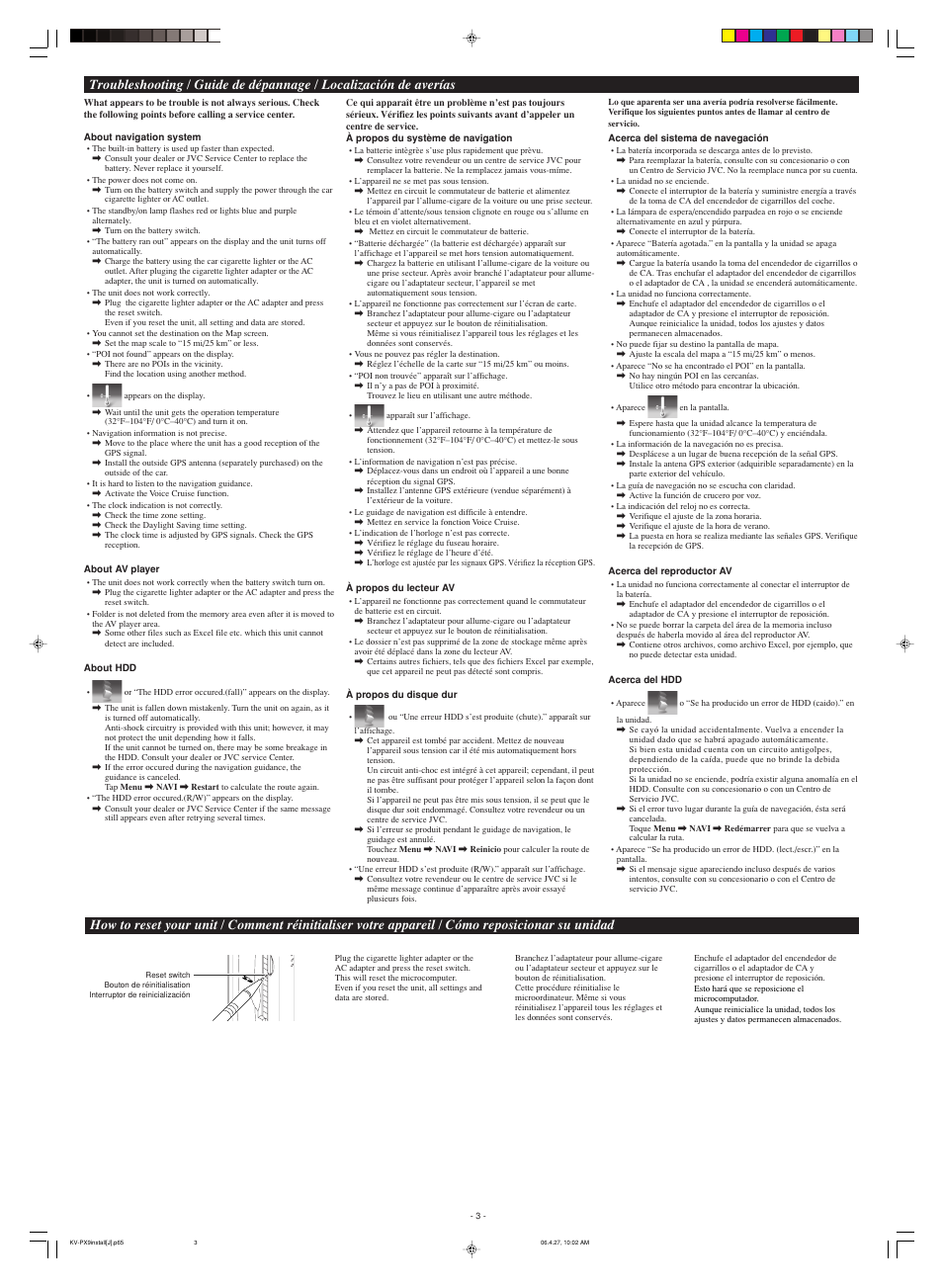 Troubleshooting, How to reset your unit | JVC EXAD eAvinu KV-PX9SN User Manual | Page 9 / 12