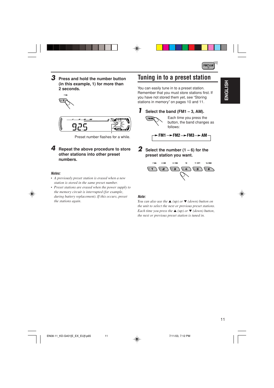 Tuning in to a preset station | JVC KD-G401 User Manual | Page 11 / 44