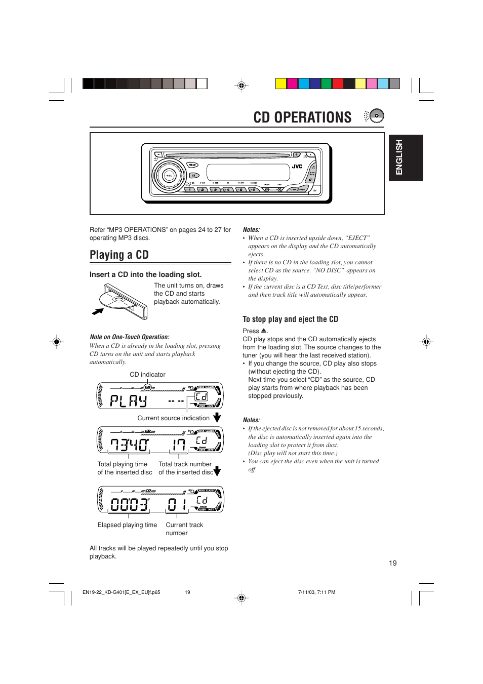 Cd operations, Playing a cd | JVC KD-G401 User Manual | Page 19 / 44