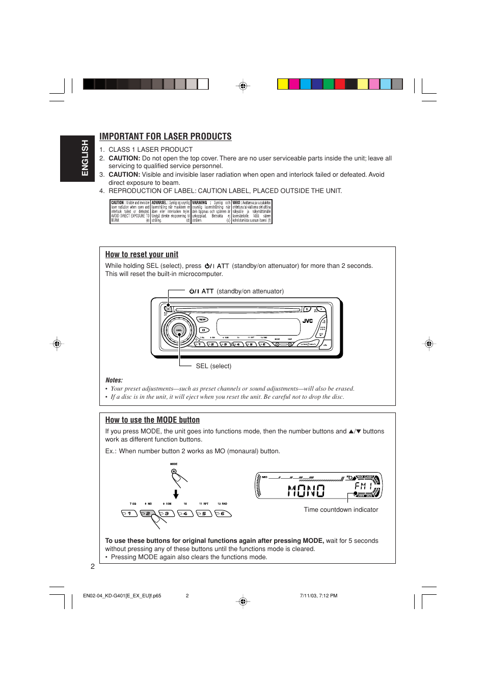 Important for laser products, English how to reset your unit, How to use the mode button | JVC KD-G401 User Manual | Page 2 / 44