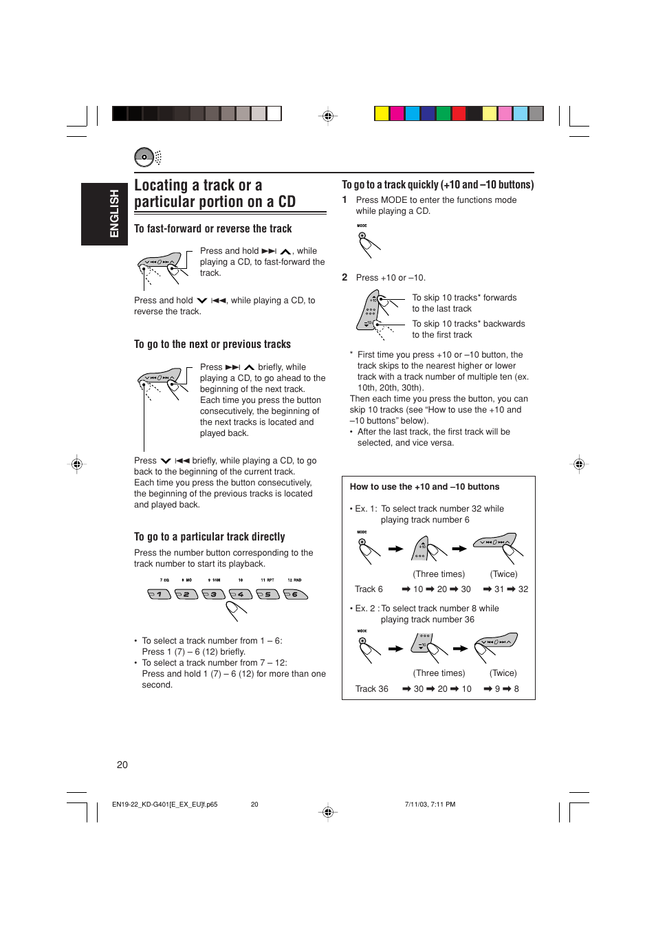 Locating a track or a particular portion on a cd, English | JVC KD-G401 User Manual | Page 20 / 44
