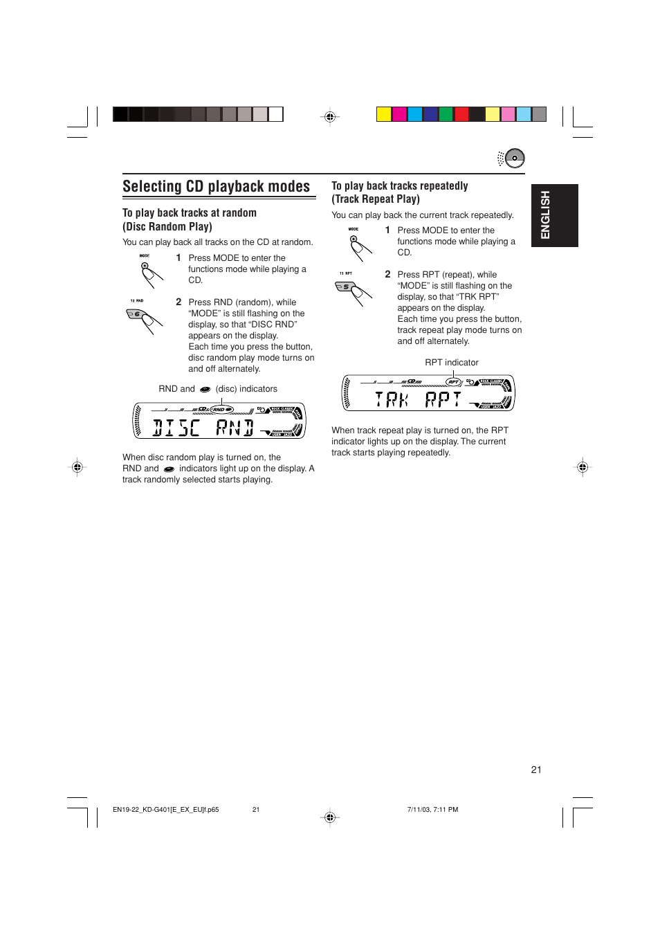Selecting cd playback modes | JVC KD-G401 User Manual | Page 21 / 44