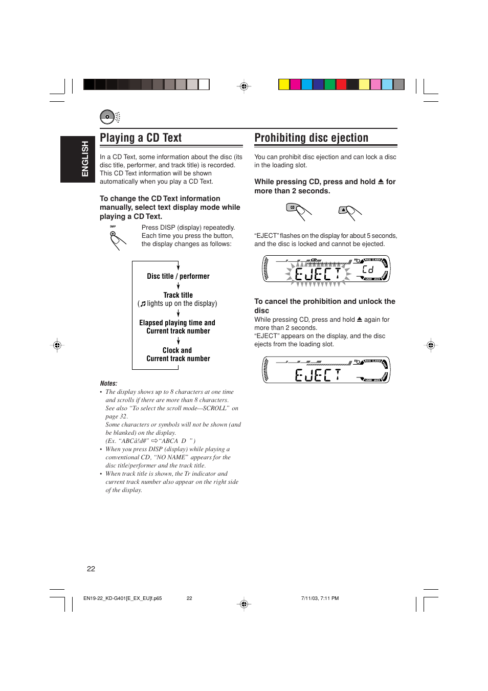 Prohibiting disc ejection, Playing a cd text | JVC KD-G401 User Manual | Page 22 / 44