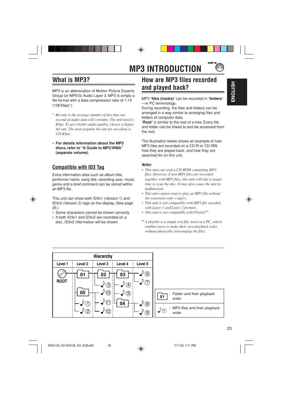 Mp3 introduction, What is mp3, How are mp3 files recorded and played back | Compatible with id3 tag | JVC KD-G401 User Manual | Page 23 / 44