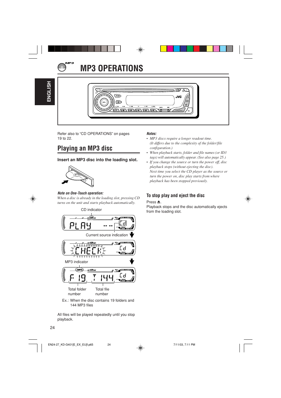 Mp3 operations, Playing an mp3 disc | JVC KD-G401 User Manual | Page 24 / 44