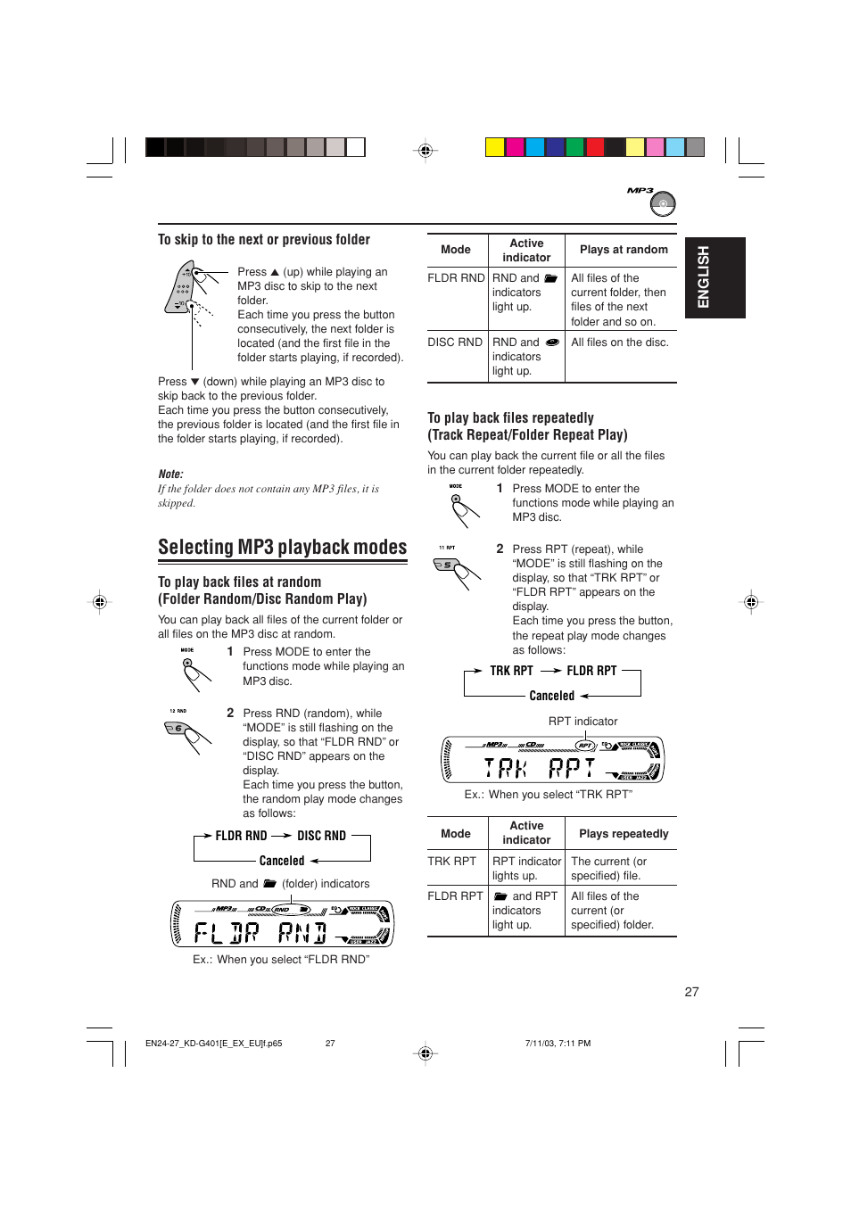 Selecting mp3 playback modes | JVC KD-G401 User Manual | Page 27 / 44