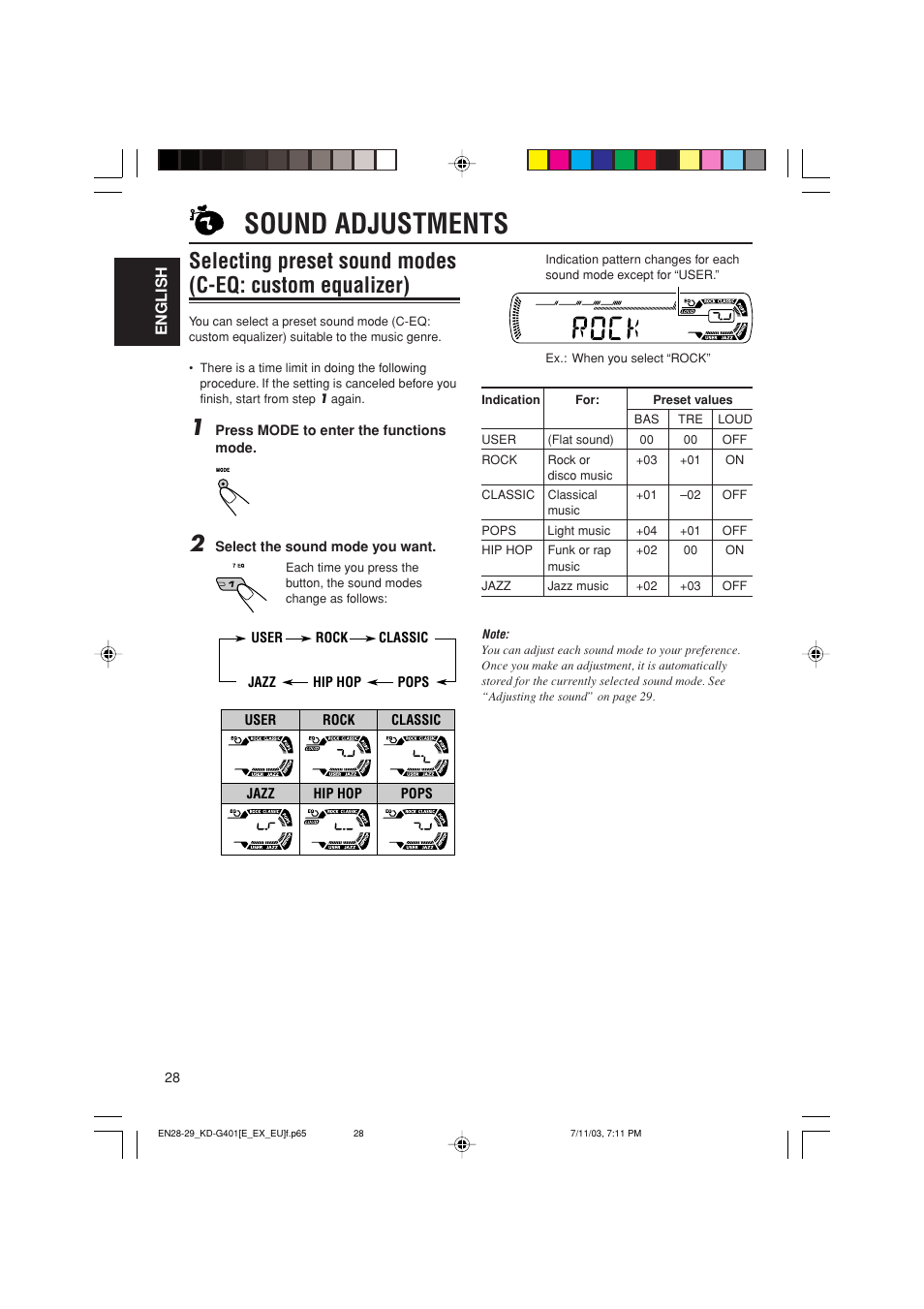 Sound adjustments | JVC KD-G401 User Manual | Page 28 / 44