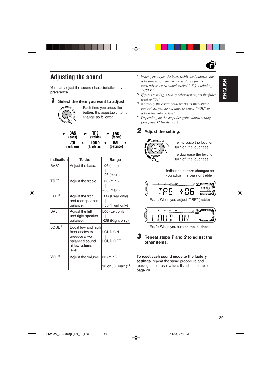 Adjusting the sound, English | JVC KD-G401 User Manual | Page 29 / 44