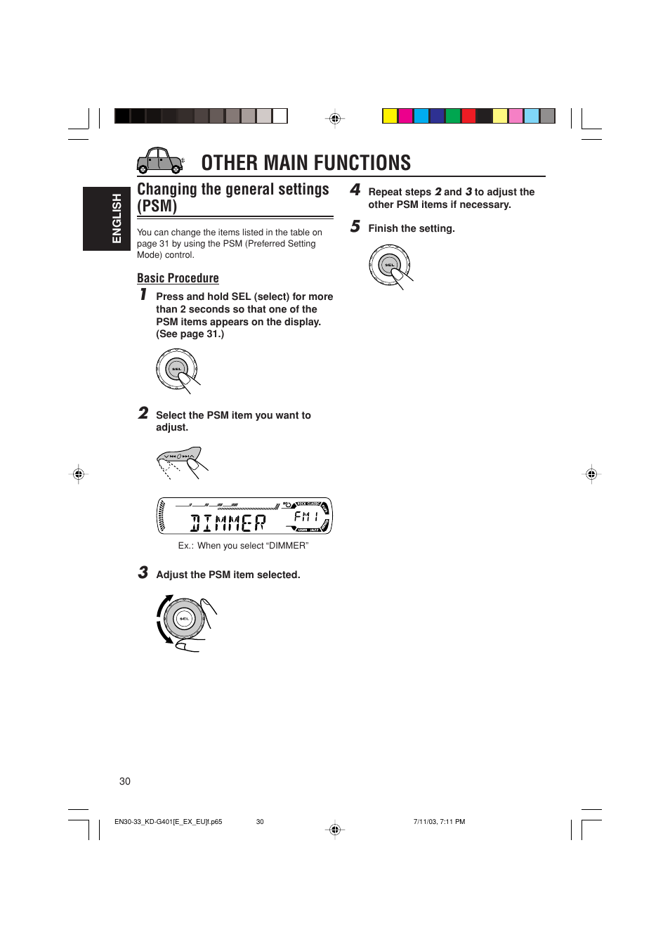Other main functions, Changing the general settings (psm) | JVC KD-G401 User Manual | Page 30 / 44