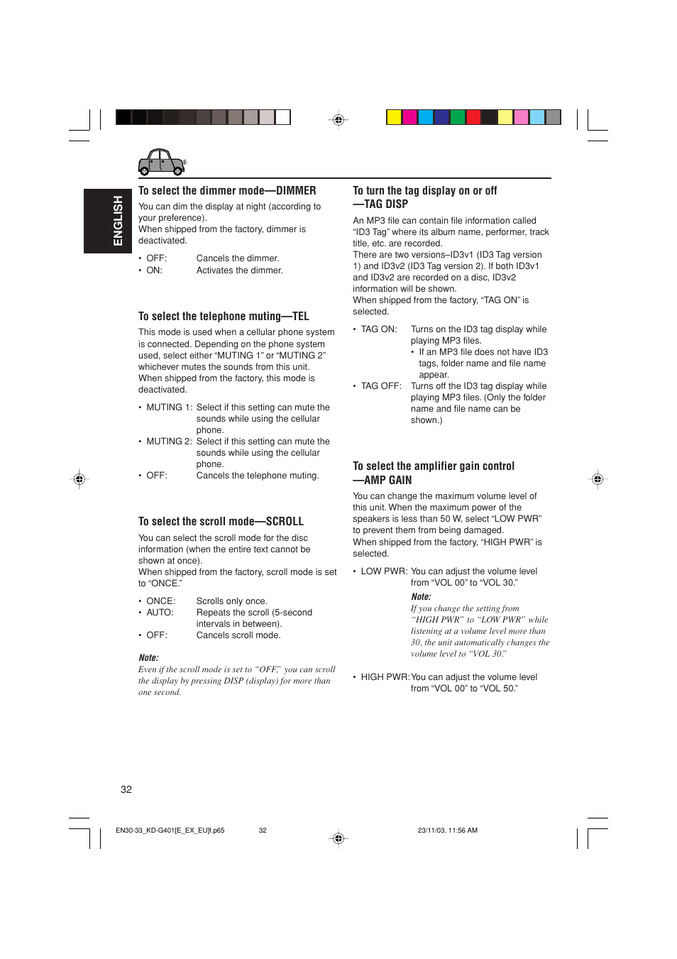 English to select the dimmer mode—dimmer | JVC KD-G401 User Manual | Page 32 / 44