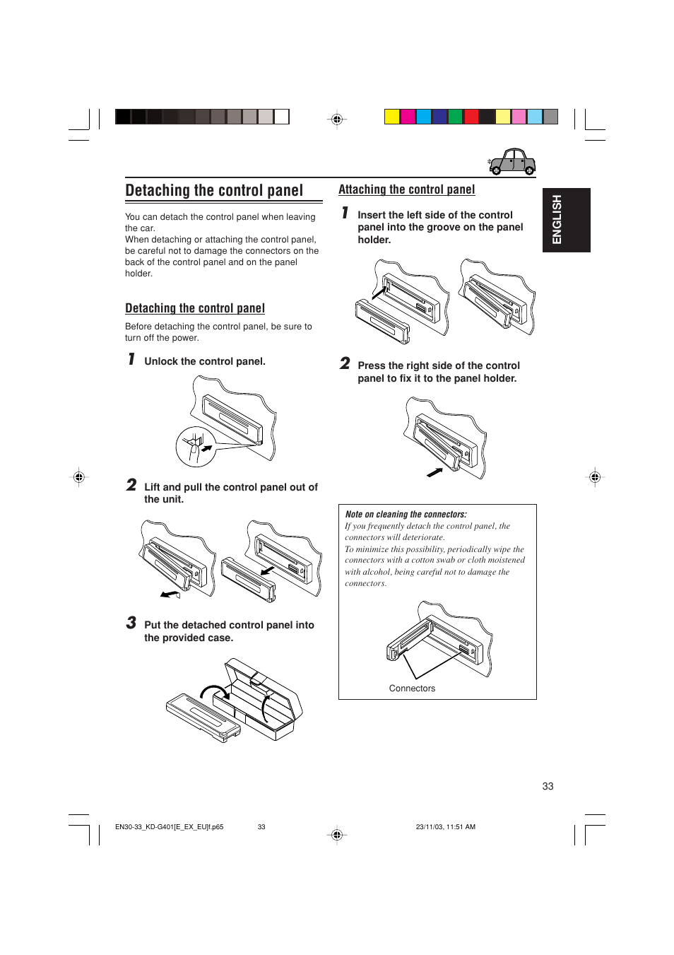 Detaching the control panel | JVC KD-G401 User Manual | Page 33 / 44