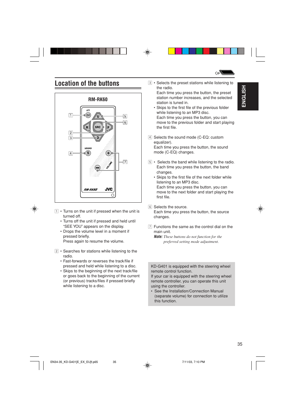 Location of the buttons, English, Rm-rk60 | JVC KD-G401 User Manual | Page 35 / 44