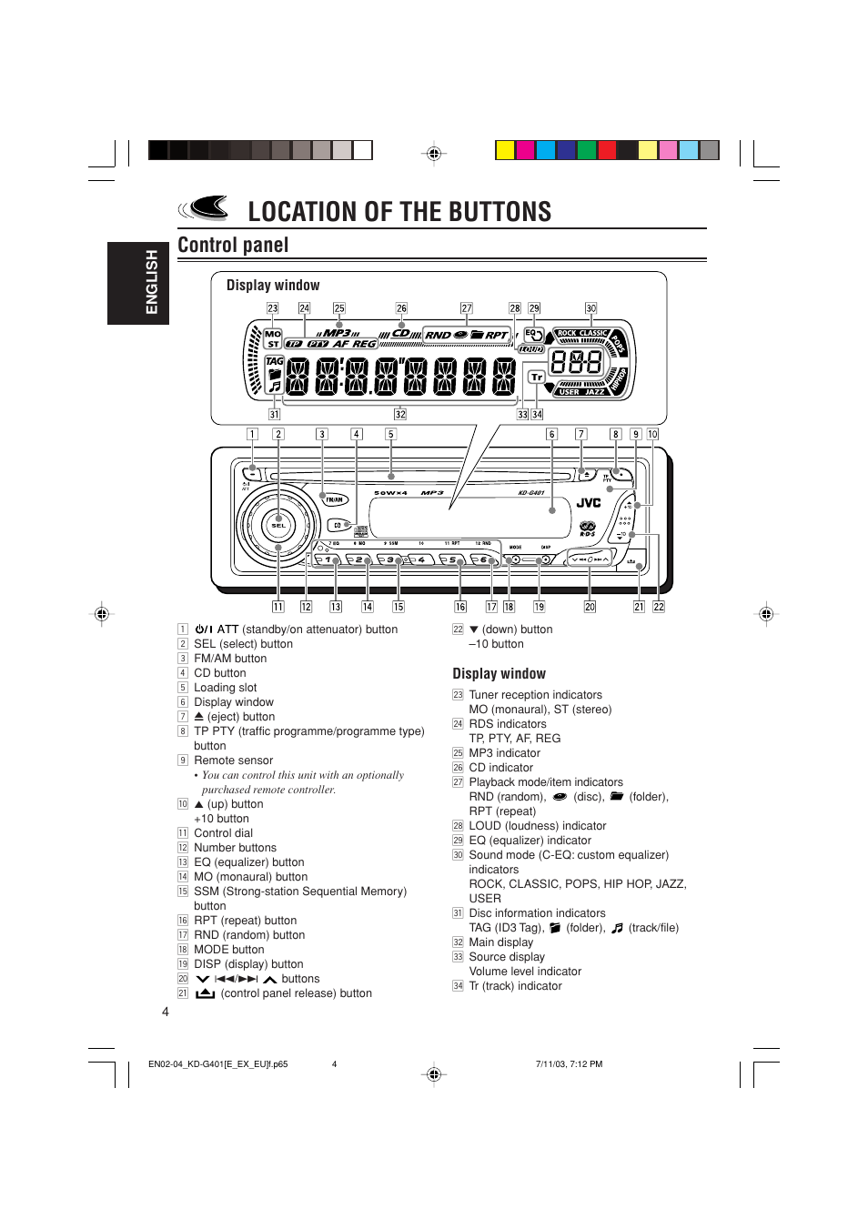 Location of the buttons, Control panel, English | Display window | JVC KD-G401 User Manual | Page 4 / 44