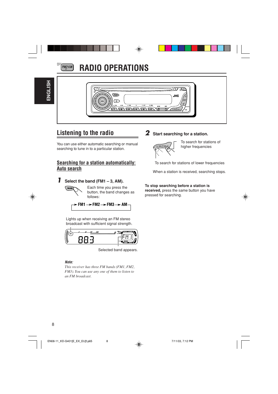 Radio operations, Listening to the radio | JVC KD-G401 User Manual | Page 8 / 44