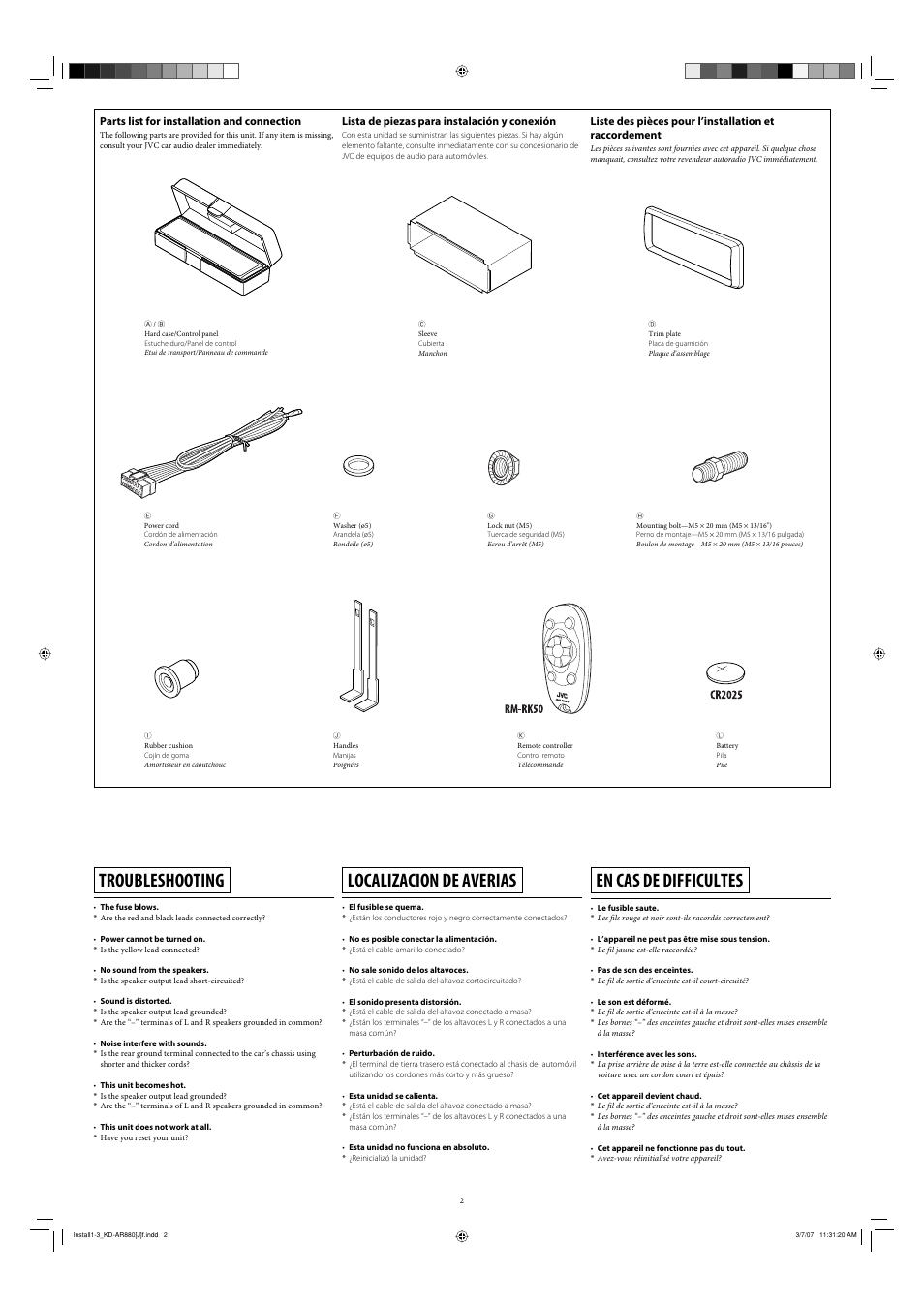 Troubleshooting, Localizacion de averias, En cas de difficultes | JVC KD-AR880 User Manual | Page 2 / 6