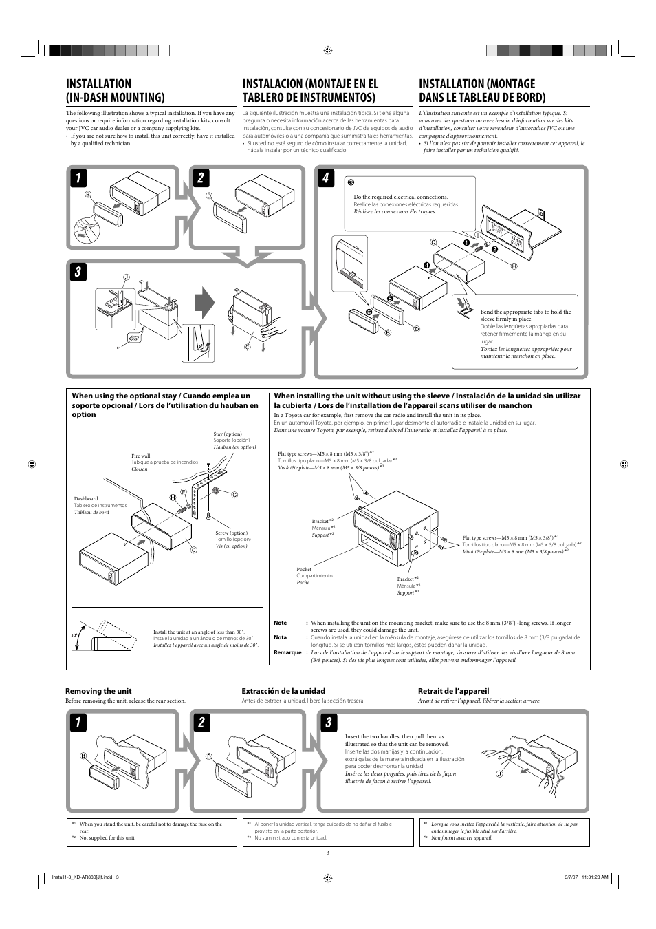 Installation (in-dash mounting), Installation (montage dans le tableau de bord), Removing the unit | Extracción de la unidad, Retrait de l’appareil | JVC KD-AR880 User Manual | Page 3 / 6