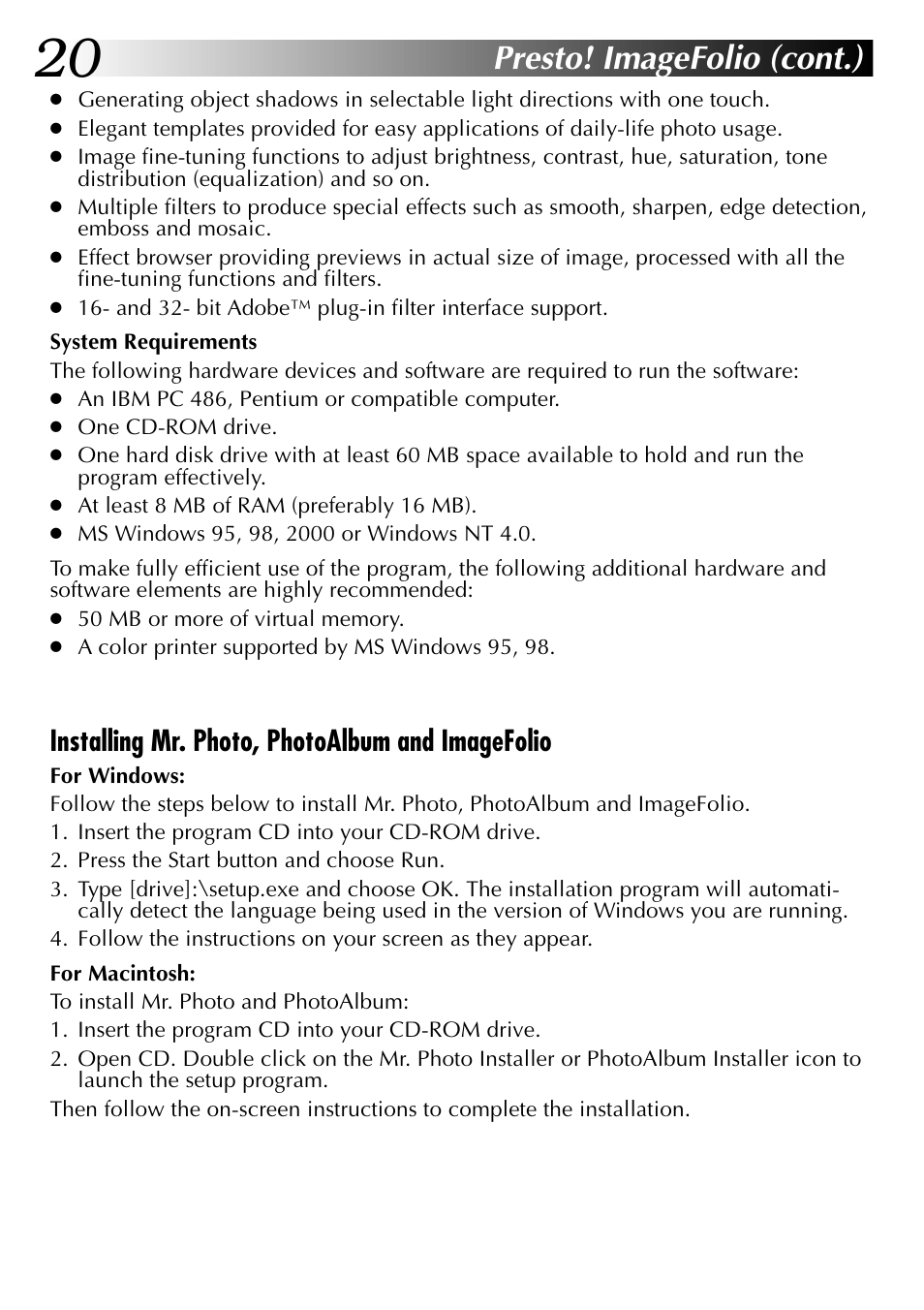 Presto! imagefolio (cont.), Installing mr. photo, photoalbum and imagefolio | JVC USB Connection Kit User Manual | Page 20 / 24