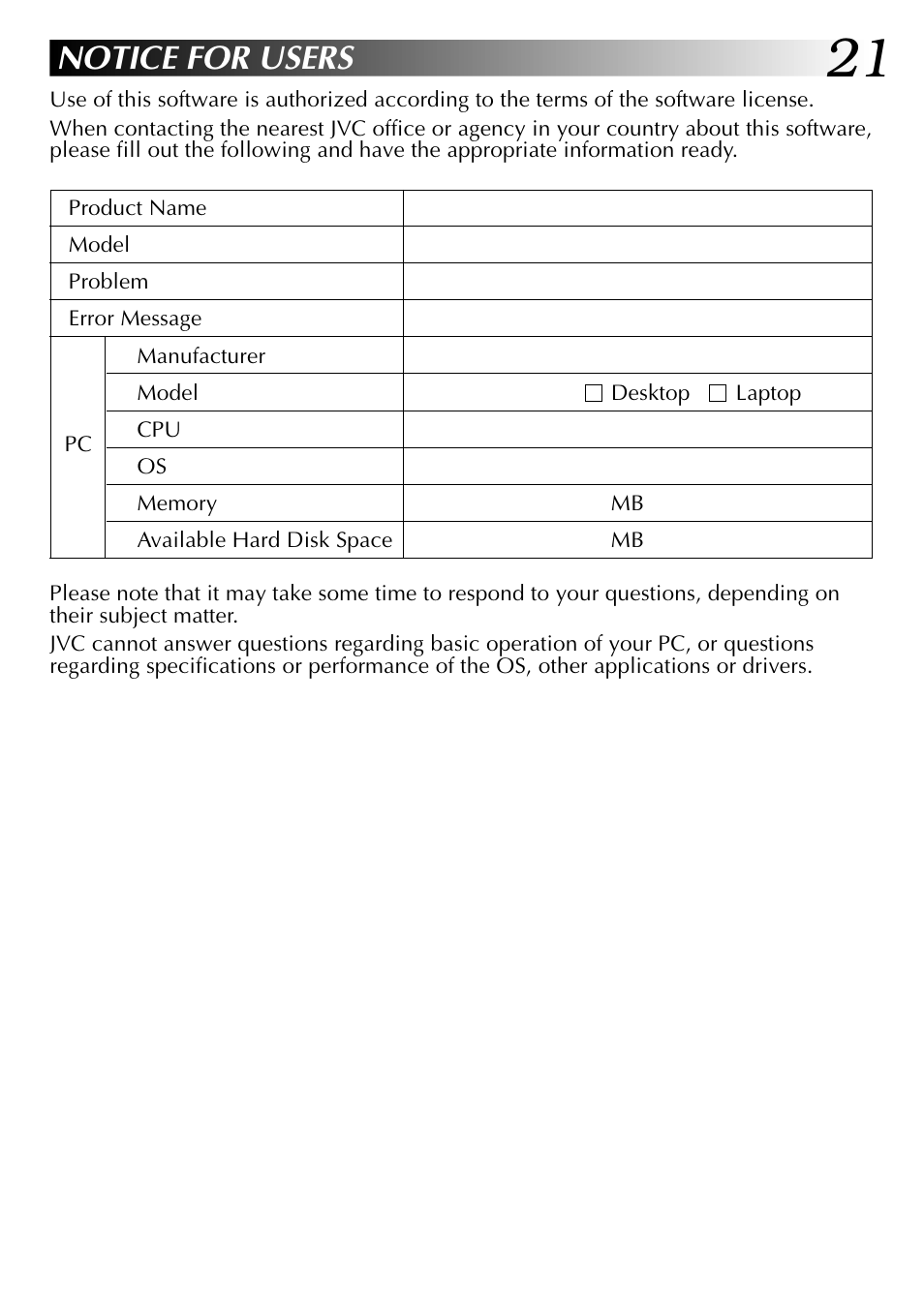 Notice for users | JVC USB Connection Kit User Manual | Page 21 / 24