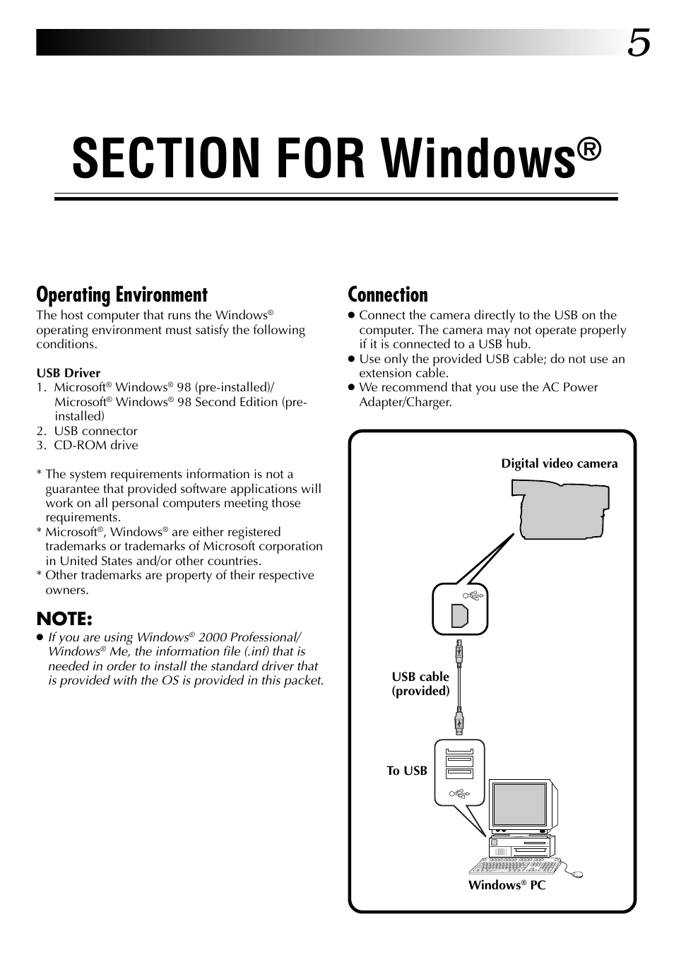 Connection, Operating environment | JVC USB Connection Kit User Manual | Page 5 / 24