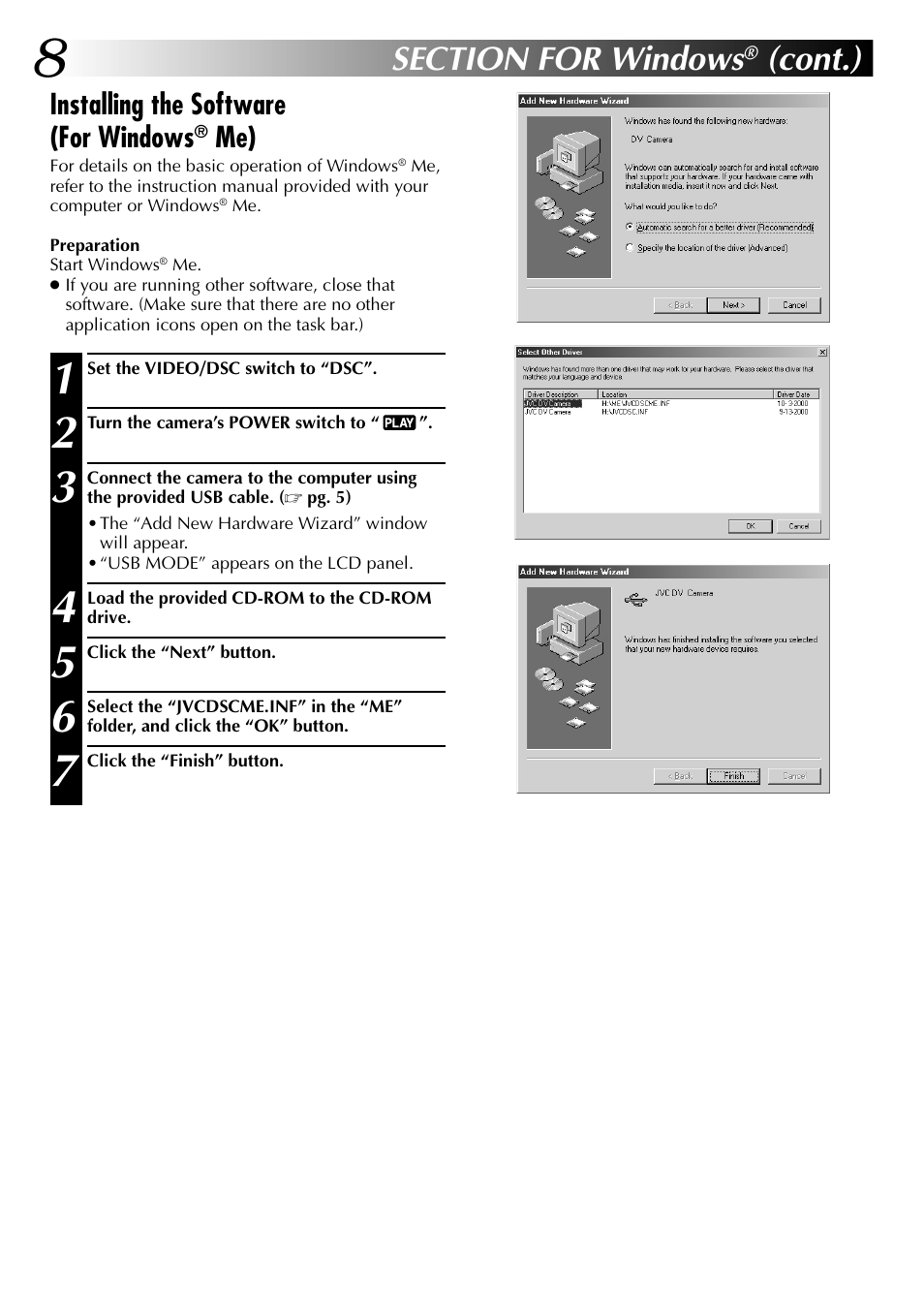 Cont.), Installing the software (for windows | JVC USB Connection Kit User Manual | Page 8 / 24