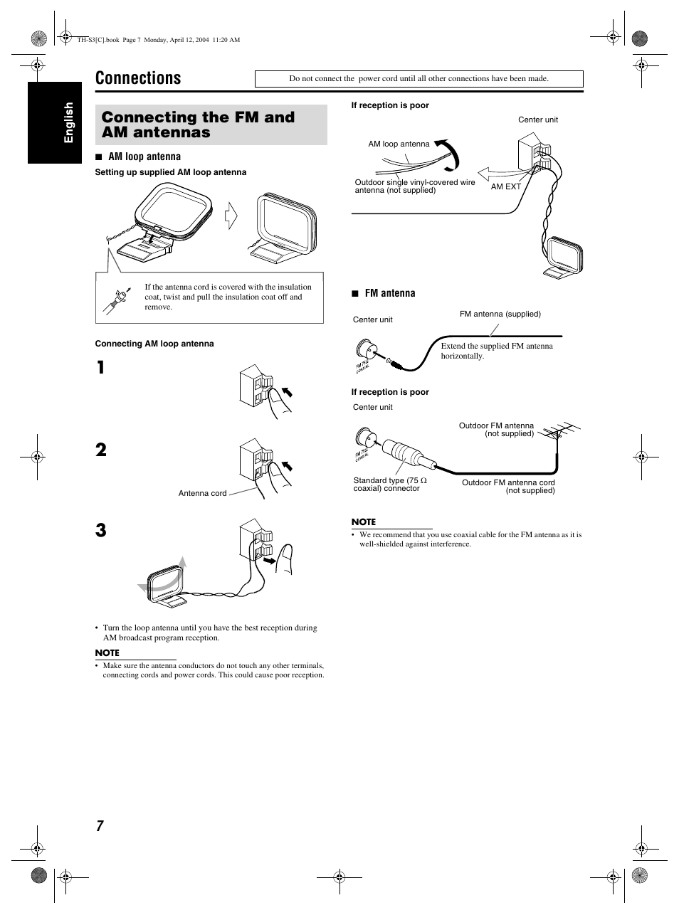 Connections, Connecting the fm and am antennas | JVC TH-S3 TH-S2 User Manual | Page 10 / 44