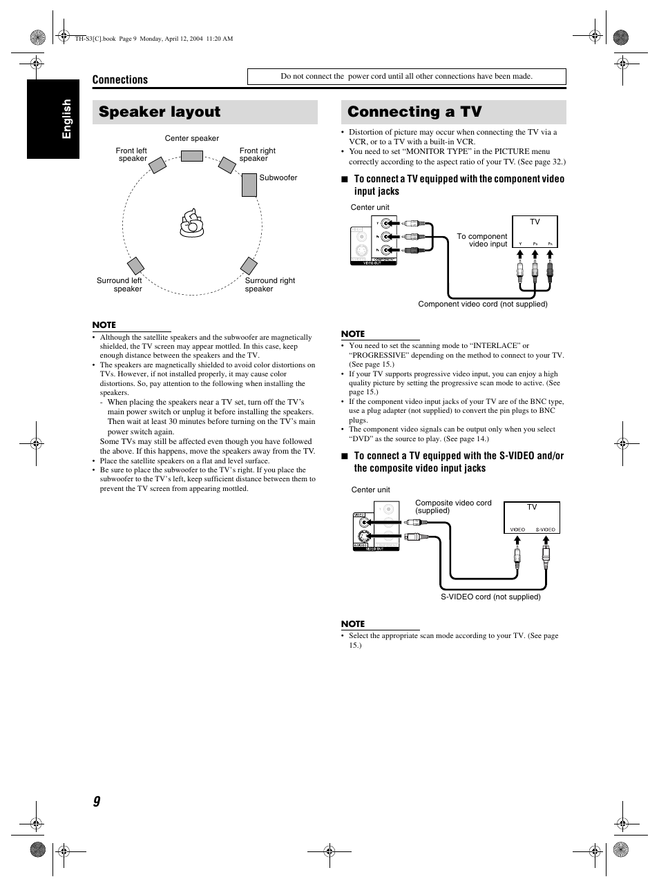 Speaker layout, Connecting a tv, Connections | JVC TH-S3 TH-S2 User Manual | Page 12 / 44