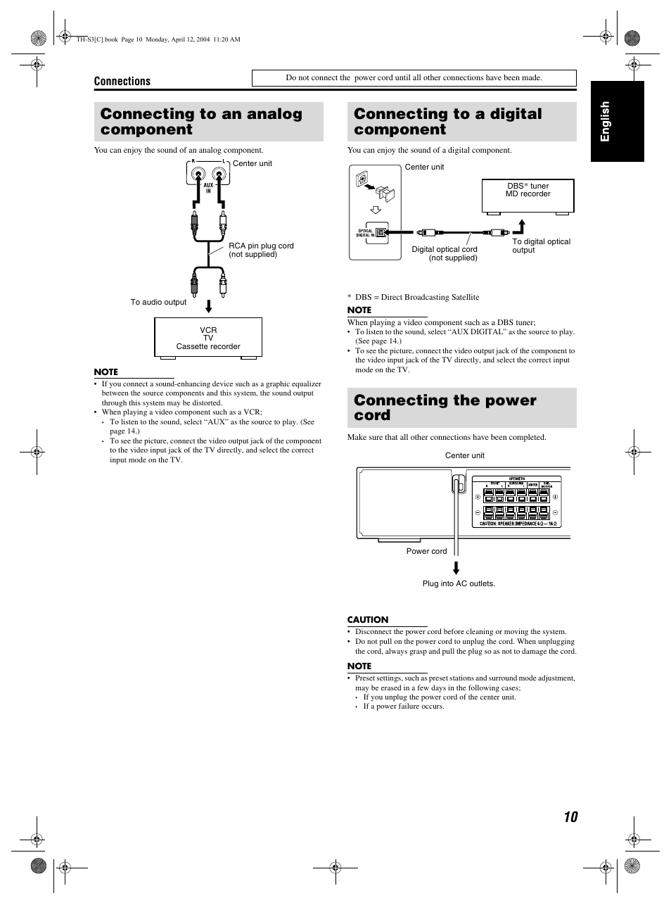 Connecting to an analog component, Connections | JVC TH-S3 TH-S2 User Manual | Page 13 / 44