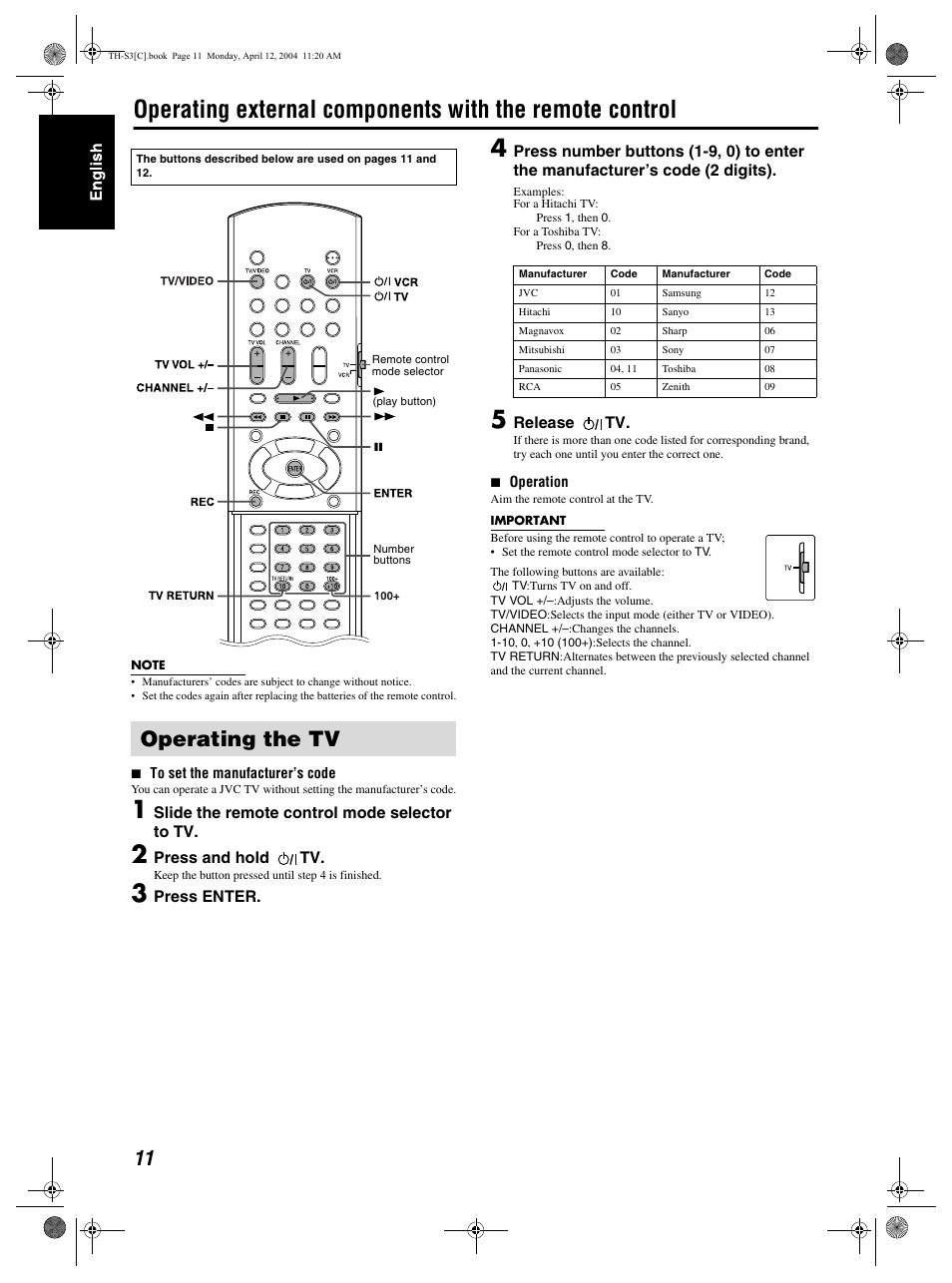 Operating the tv | JVC TH-S3 TH-S2 User Manual | Page 14 / 44