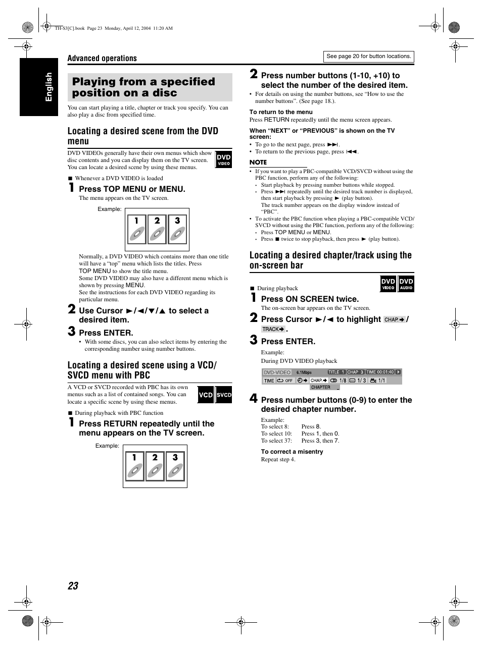 Playing from a specified position on a disc, Locating a desired scene from the dvd menu | JVC TH-S3 TH-S2 User Manual | Page 26 / 44