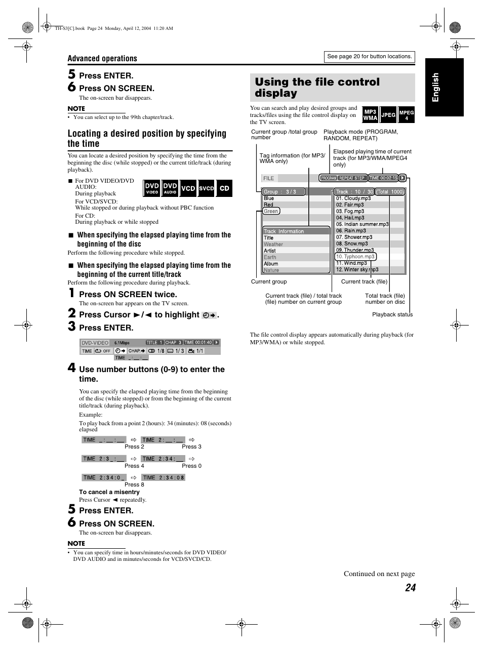 Using the file control display, Locating a desired position by specifying the time | JVC TH-S3 TH-S2 User Manual | Page 27 / 44