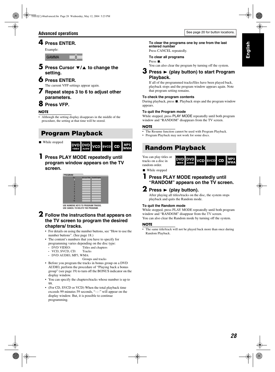 Program playback, Random playback | JVC TH-S3 TH-S2 User Manual | Page 31 / 44